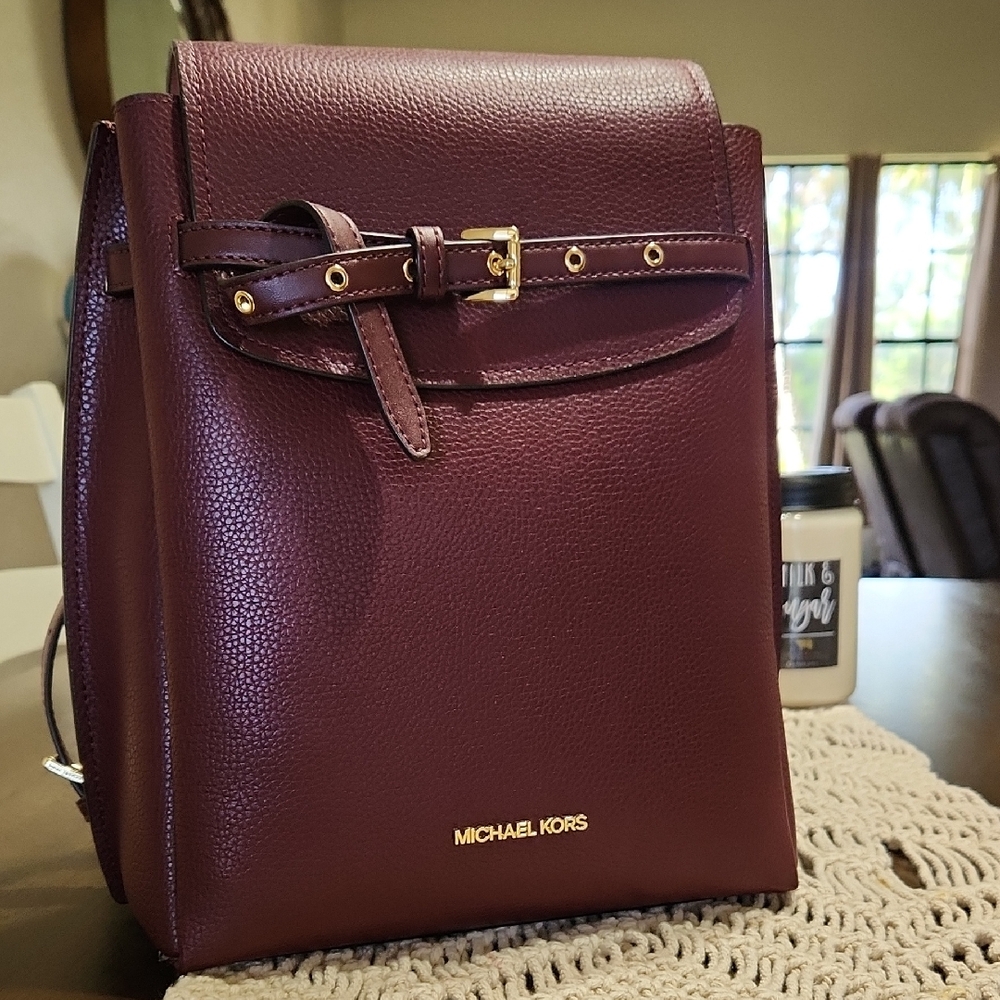 NWOT Michael Kors Emilia Burgundy Leather Backpack with Gold Accents